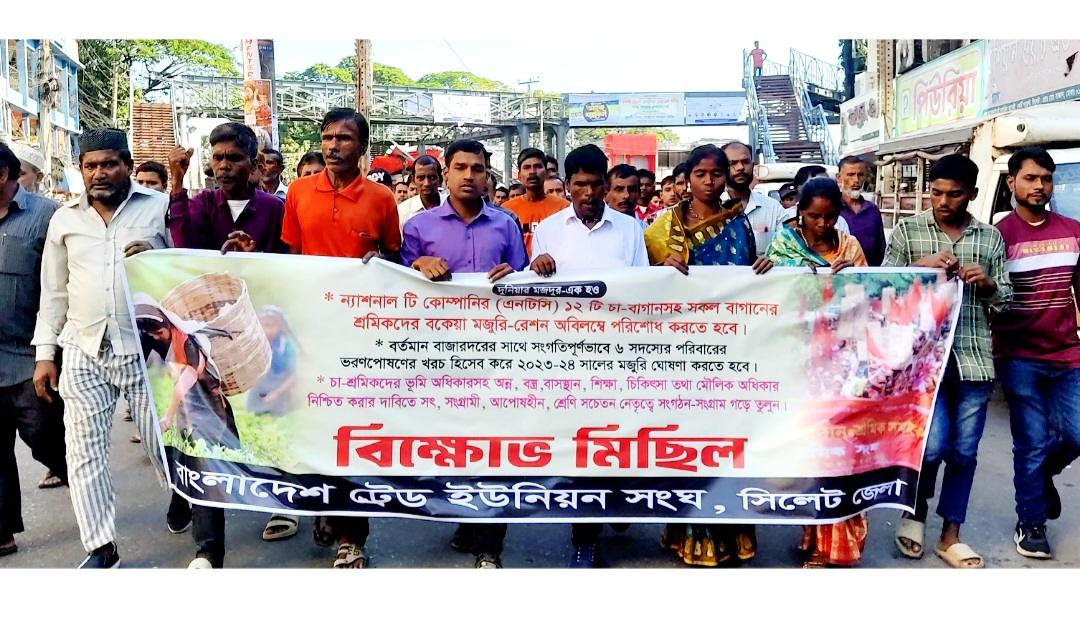 সিলেটে চা-বাগানের শ্রমিকদের বকেয়া মজুরি পরিশোধের দাবিতে বিক্ষোভ মিছিল