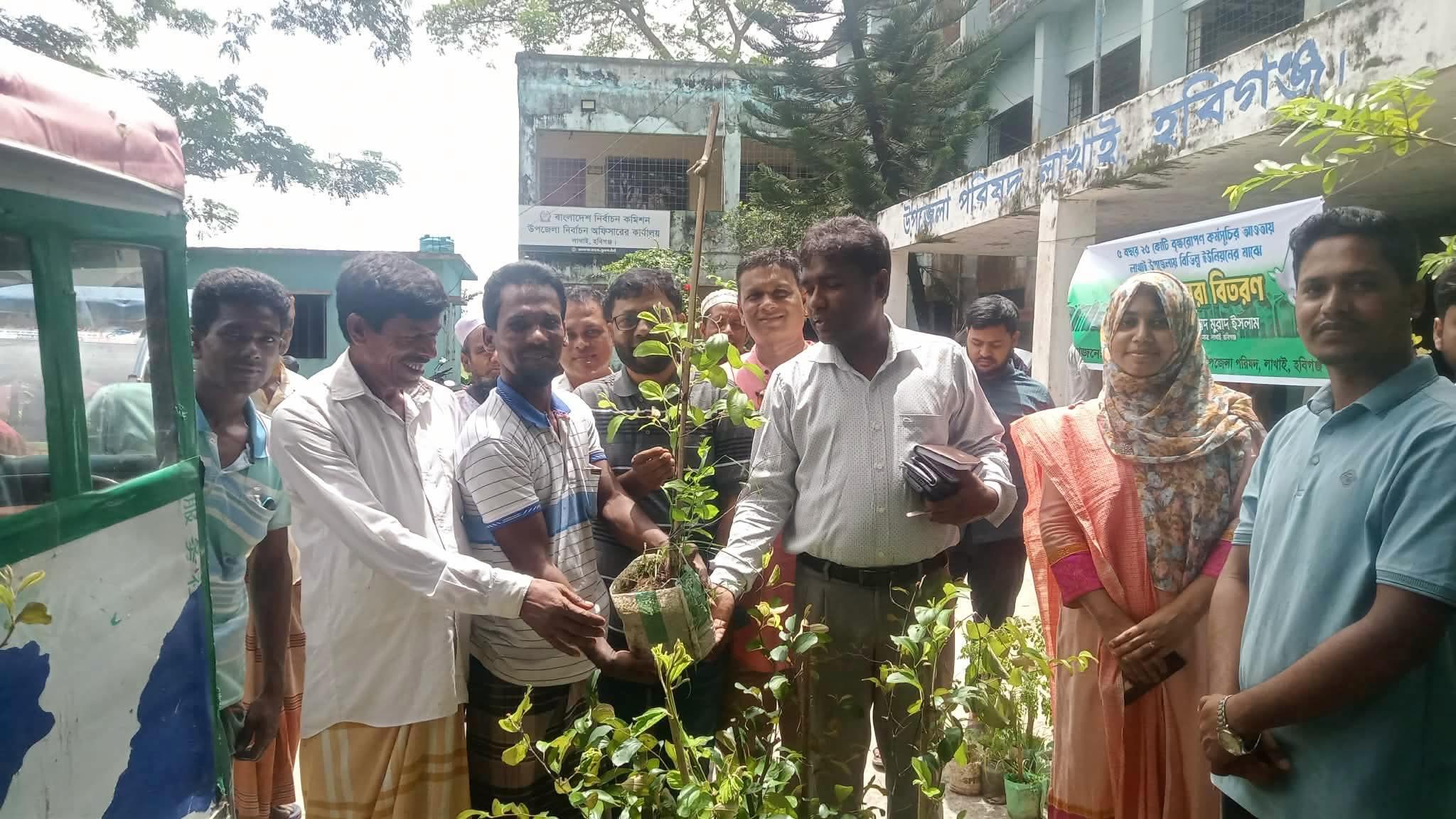 লাখাইয়ে ফুলবাগান প্রদর্শনীর চারা বিতরণ।