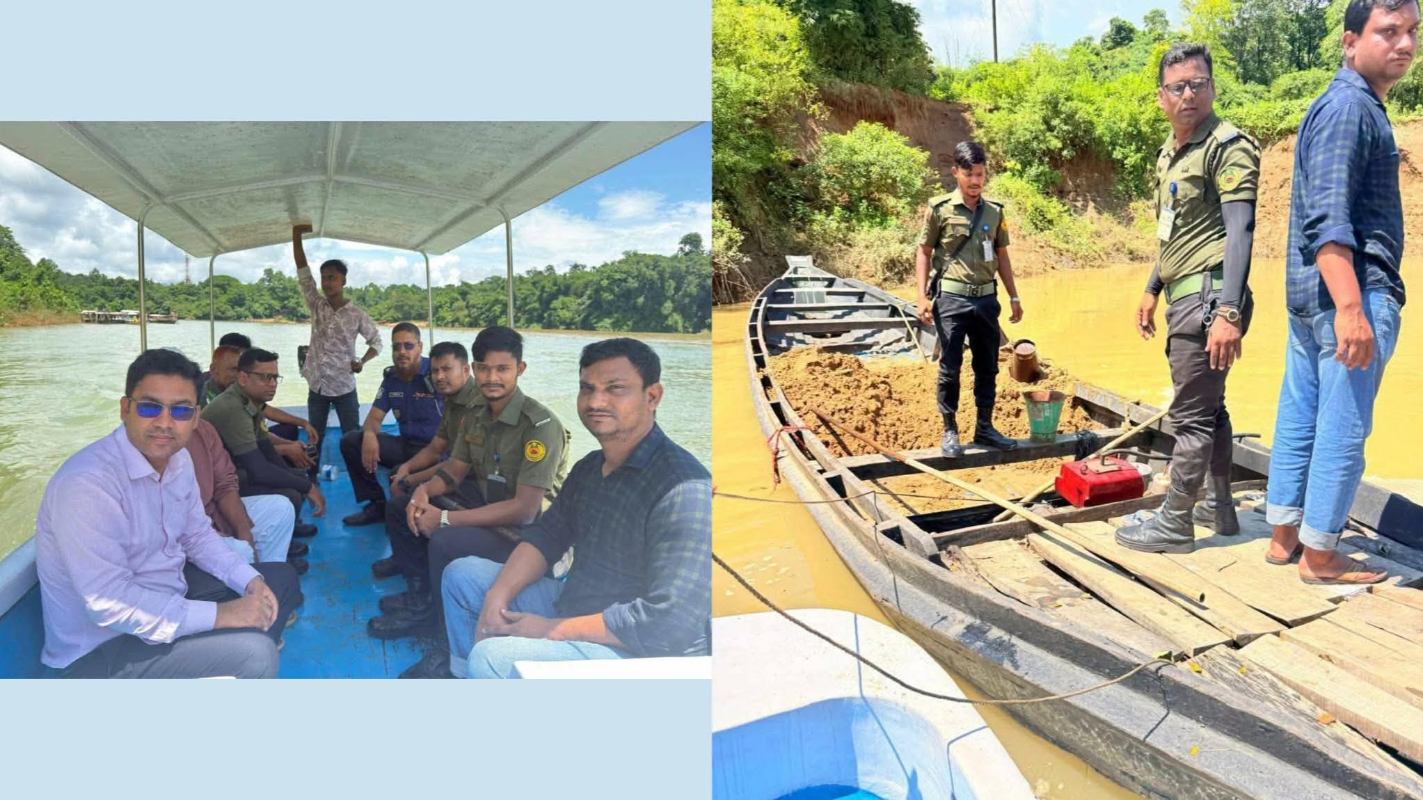 সারি-৩ নদীতে অবৈধ বালু উত্তোলন, বারকি নৌকা জব্দ করে বিকল